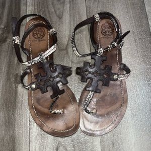 Tory Burch Chandler Flat Thong T-Strap Logo Sandals brown black ivory sz 7